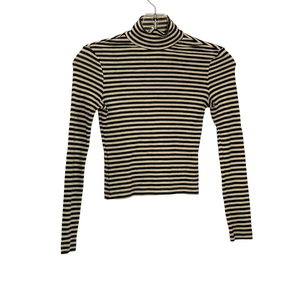 PRISCAVera Turtleneck Top Cream Brown Striped Wool Long Sleeve - XSmall